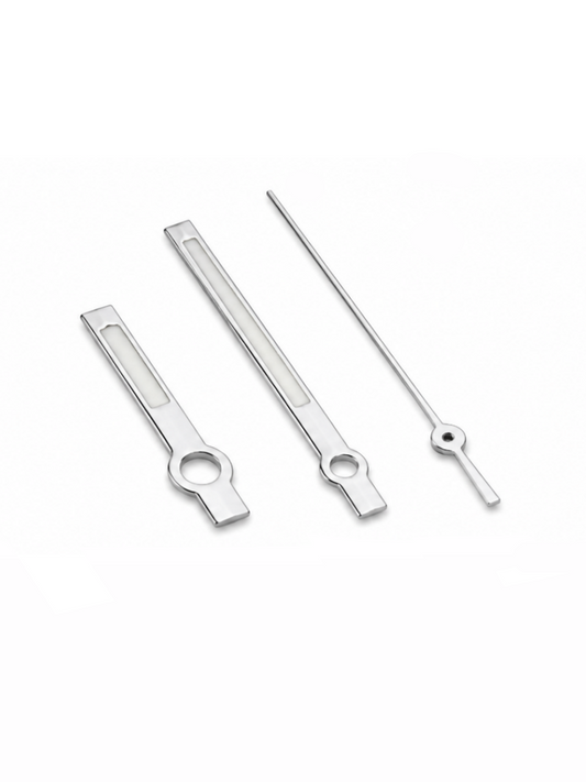 A clean and minimalist set of baton-style watch hands with a sharp, modern profile. The straight hour and minute hands create a simple, balanced appearance, while the slim seconds hand keeps the design refined and uncluttered.
A versatile choice for classic, dress and modern watch builds.
**Details**
* Hour, minute and seconds hand set
* Baton-style design
* Silver-tone finish
* Luminous-style inserts
* Designed for automatic watch builds