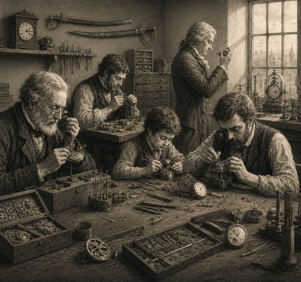 Historical watchmakers at work, representing the tradition of precision craftsmanship carried forward today by Tetsche Watches.