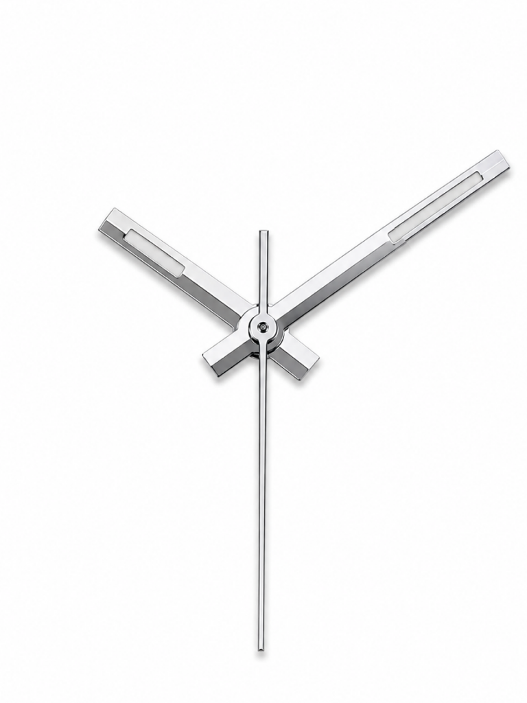 A clean and minimalist set of baton-style watch hands with a sharp, modern profile. The straight hour and minute hands create a simple, balanced appearance, while the slim seconds hand keeps the design refined and uncluttered.

A versatile choice for classic, dress and modern watch builds.

**Details**

* Hour, minute and seconds hand set
* Baton-style design
* Silver-tone finish
* Luminous-style inserts
* Designed for automatic watch builds

