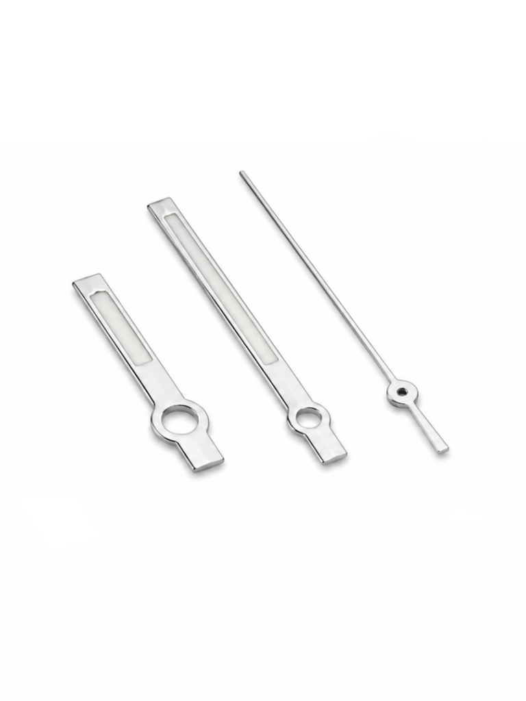 A clean and minimalist set of baton-style watch hands with a sharp, modern profile. The straight hour and minute hands create a simple, balanced appearance, while the slim seconds hand keeps the design refined and uncluttered.

A versatile choice for classic, dress and modern watch builds.

**Details**

* Hour, minute and seconds hand set
* Baton-style design
* Silver-tone finish
* Luminous-style inserts
* Designed for automatic watch builds
