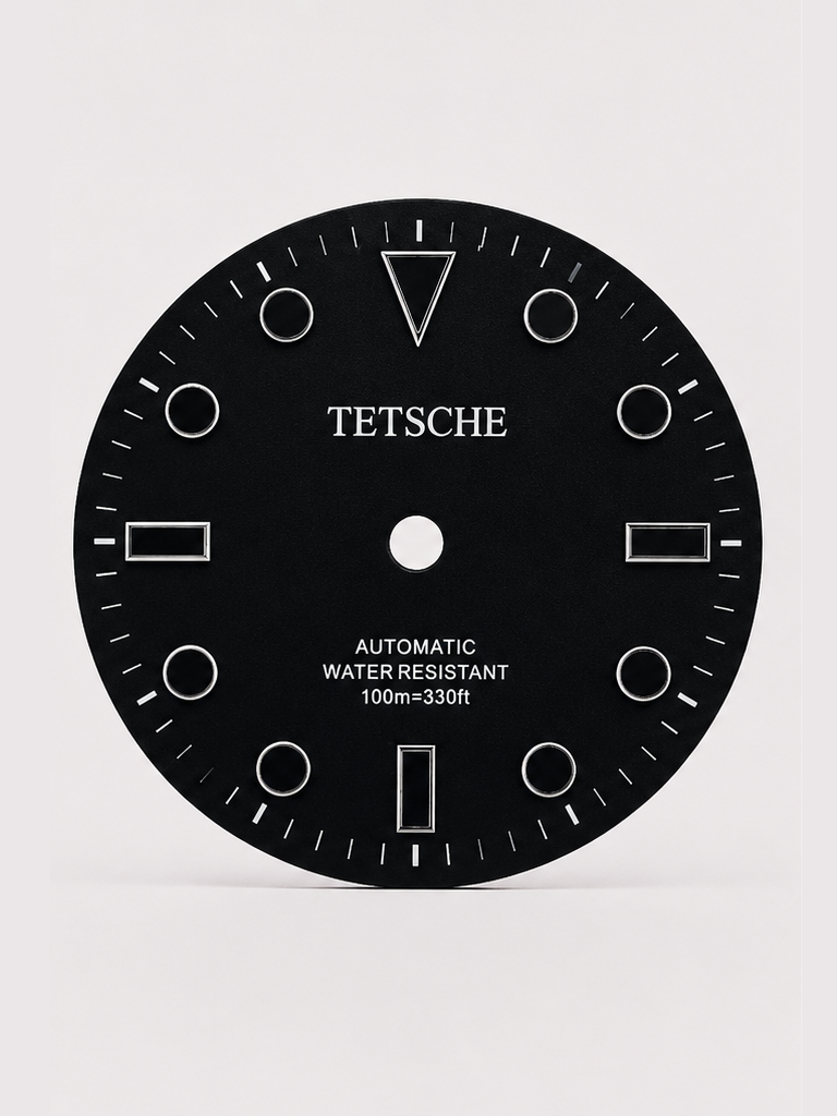 28.5 mm diameter
Applied hour markers
Date window at 3 o’clock
Sunburst finish
Designed for automatic watch builds