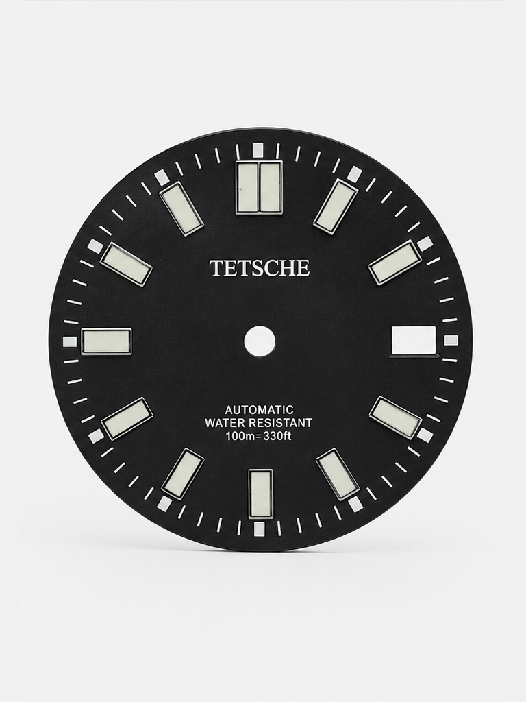 A bold, modern dial with a clean and highly legible design. The large applied hour markers create a strong presence, while the double index at 12 o’clock gives the dial a distinctive and balanced look.

Its versatile design makes it a natural choice for sporty, everyday watch builds.

Details

Black
28.5 mm diameter
Applied hour markers
Date window at 3 o’clock
Designed for automatic watch builds