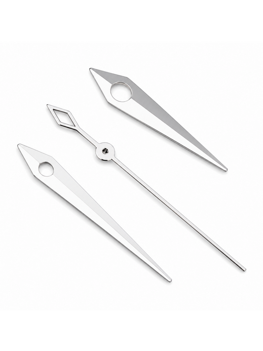 An elegant set of sharply tapered watch hands with a refined, vintage-inspired character. The long, slender profile creates a sophisticated look, while the distinctive diamond-shaped detail on the seconds hand adds an extra touch of personality.

A perfect choice for dress, cocktail and vintage-inspired watch builds.

**Details**

* Hour, minute and seconds hand set
* Tapered dauphine-style design
* Diamond-detail seconds hand
* Silver-tone finish
* Designed for automatic watch builds
