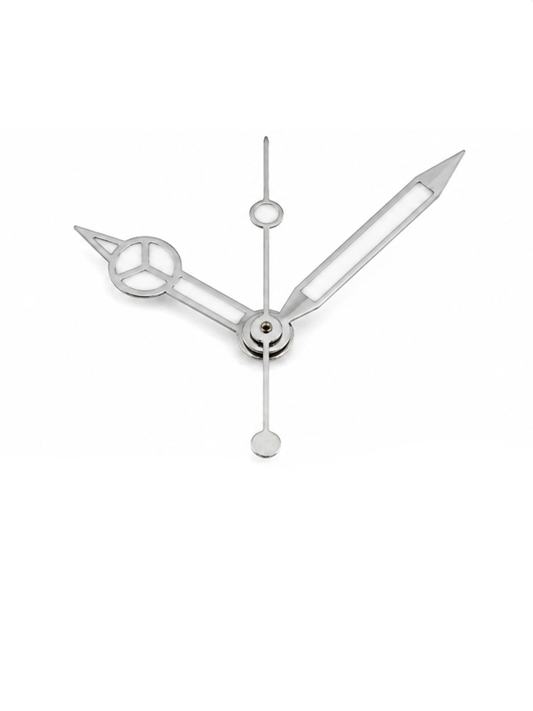 A classic set of watch hands featuring the recognizable Mercedes-style hour hand. The combination of the detailed hour hand, sharp minute hand and slim seconds hand creates a timeless look with strong legibility.

A versatile choice that works especially well with dive-inspired, sporty and classic watch builds.

**Details**

* Hour, minute and seconds hand set
* Mercedes-style hour hand
* Silver-tone finish
* Luminous-style inserts
* Designed for automatic watch builds
