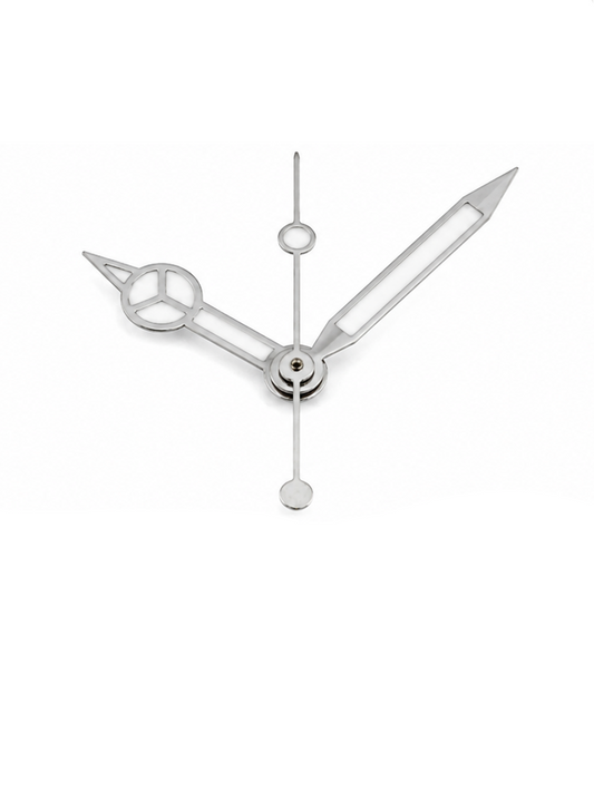 A classic set of watch hands featuring the recognizable Mercedes-style hour hand. The combination of the detailed hour hand, sharp minute hand and slim seconds hand creates a timeless look with strong legibility.

A versatile choice that works especially well with dive-inspired, sporty and classic watch builds.

**Details**

* Hour, minute and seconds hand set
* Mercedes-style hour hand
* Silver-tone finish
* Luminous-style inserts
* Designed for automatic watch builds
