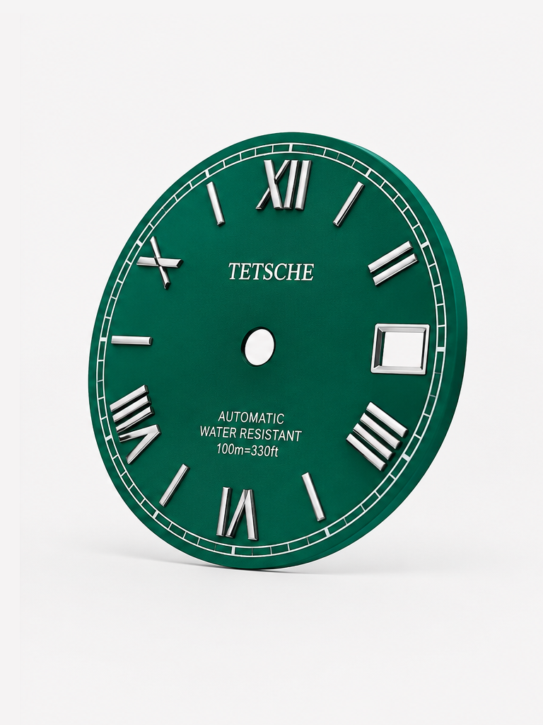 A refined dial inspired by classical Roman design. The applied Roman numerals create an elegant and distinctive character, while the clean black surface and silver-tone details give the dial a timeless, sophisticated appearance.

A perfect choice for a classic watch build with a more formal and elegant expression.

Details

Green
28.5 mm diameter
Applied Roman numeral hour markers
Date window at 3 o’clock
Silver-tone details
Designed for automatic watch builds