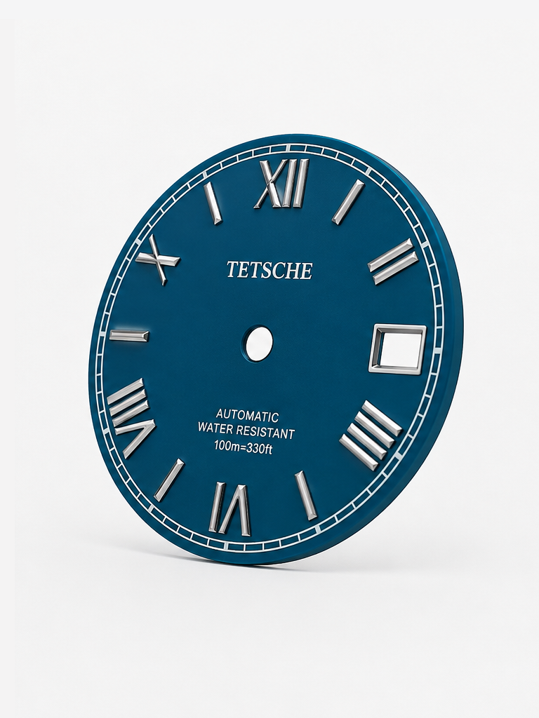 A refined dial inspired by classical Roman design. The applied Roman numerals create an elegant and distinctive character, while the clean black surface and silver-tone details give the dial a timeless, sophisticated appearance.

A perfect choice for a classic watch build with a more formal and elegant expression.

Details

Baby Blue
28.5 mm diameter
Applied Roman numeral hour markers
Date window at 3 o’clock
Silver-tone details
Designed for automatic watch builds