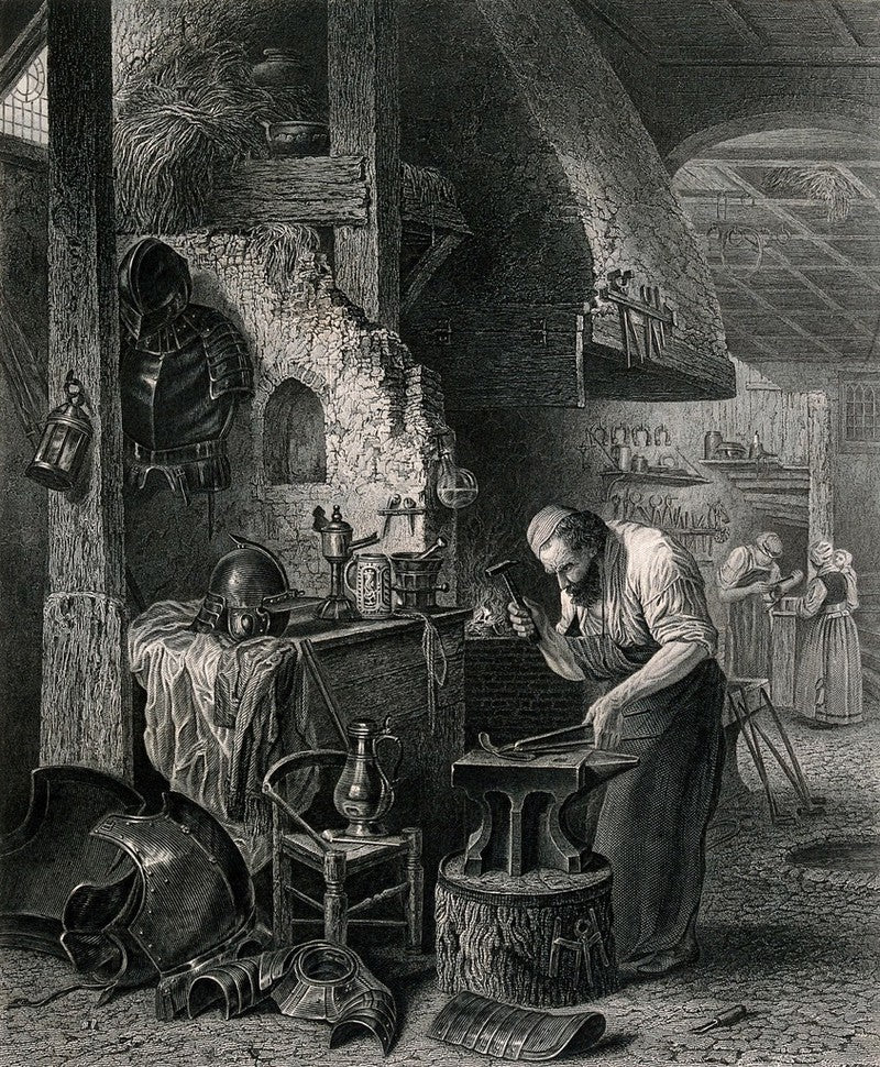Historical engraving of a bladesmith at work, representing the craftsmanship in steel behind the heritage of Tetsche Watches.